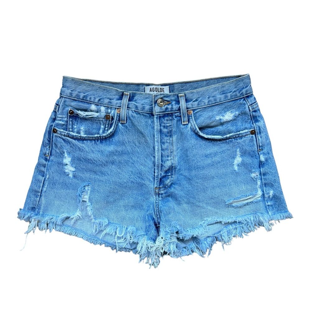 Agolde button fly, distressed, high rise denim cutoff shorts, 27, 2” ins…